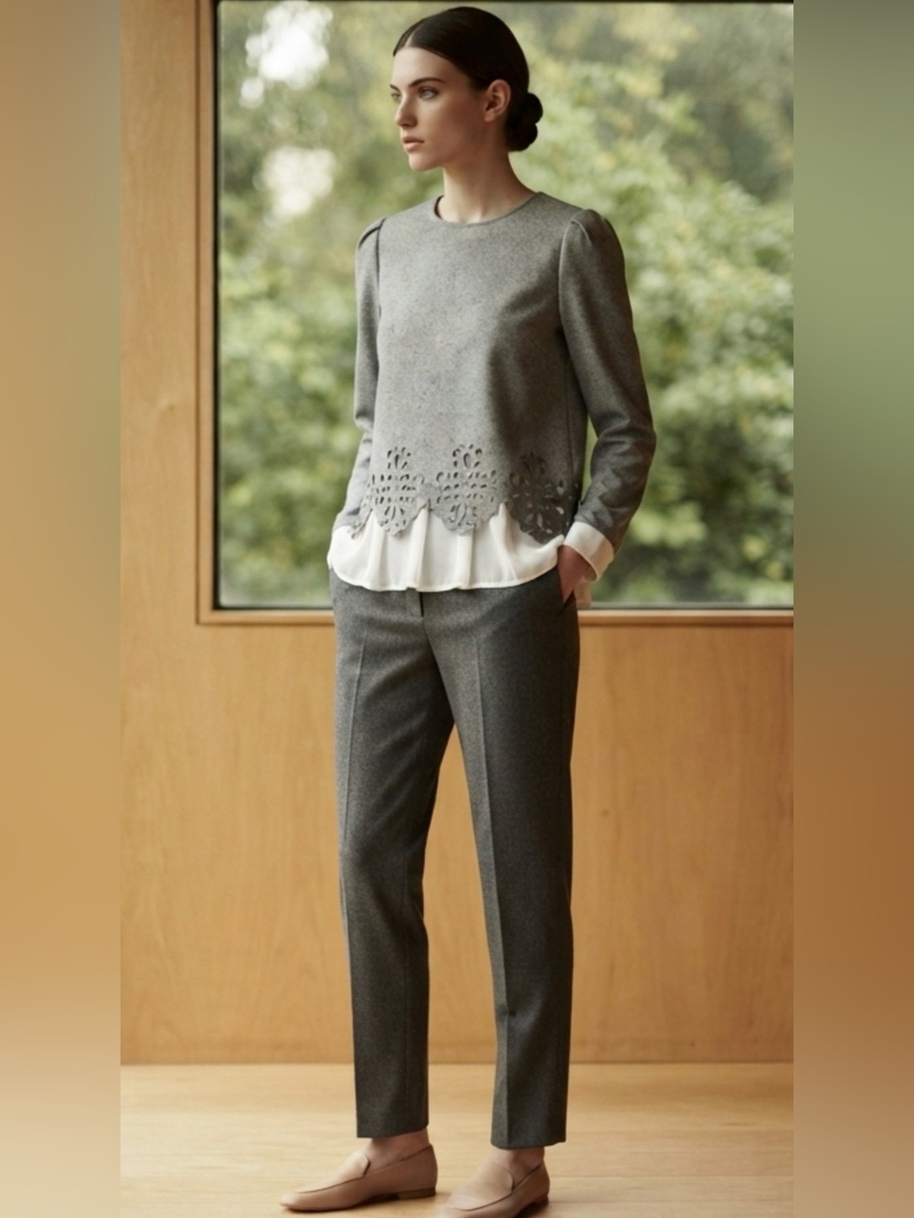 New Gray and White Layered Wool Top back Zipper blouse top sweater